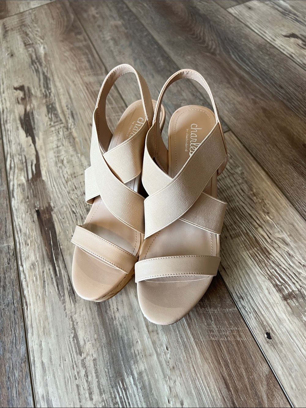 Charles David Beige Crisscross Slingback Wedge Sandals